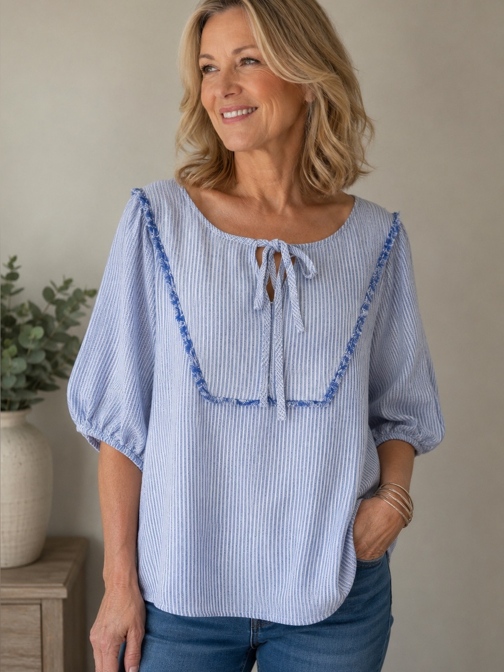 Ali Miles Blue White Striped Linen Blend Shirt Sleeve Frayed Trim Top Size Large